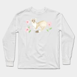 Watercolor Weasel With Pink Petunias Long Sleeve T-Shirt